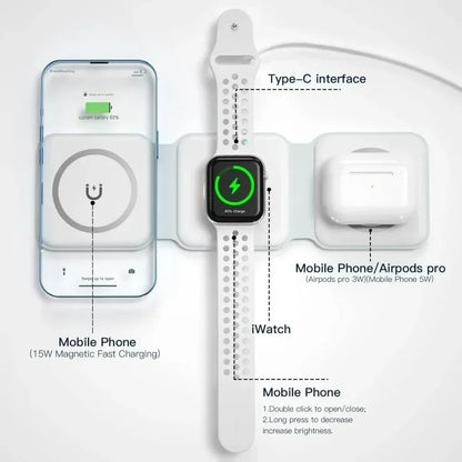 3 in 1 Portable Magnetic Wireless Charger Fast Charging Dock Station Foldable Stand Trip Charger For iPhone Apple Watch AirPods