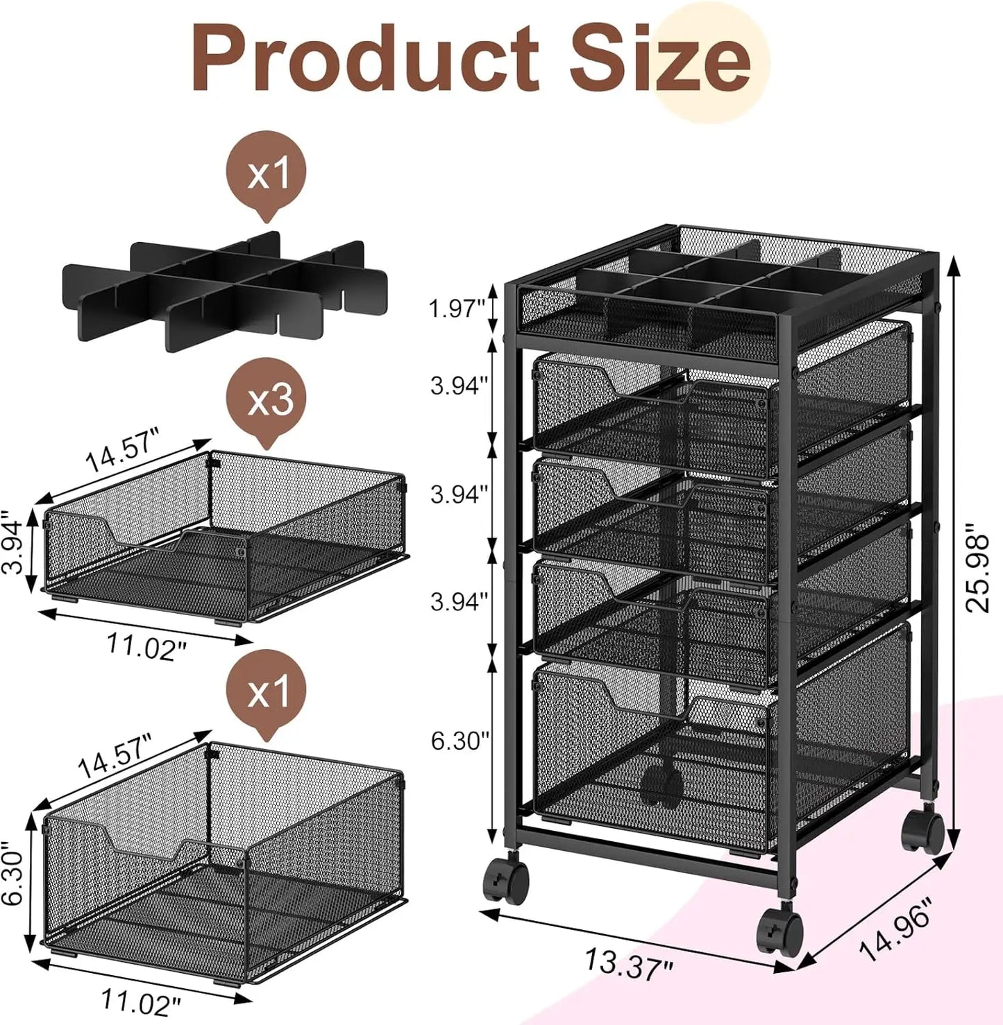 5-Tier Rolling Makeup Cart with 4 Drawers, Adjustable Dividers, Lockable Wheels for Cosmetics Storage