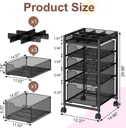 5-Tier Rolling Makeup Cart with 4 Drawers, Adjustable Dividers, Lockable Wheels for Cosmetics Storage