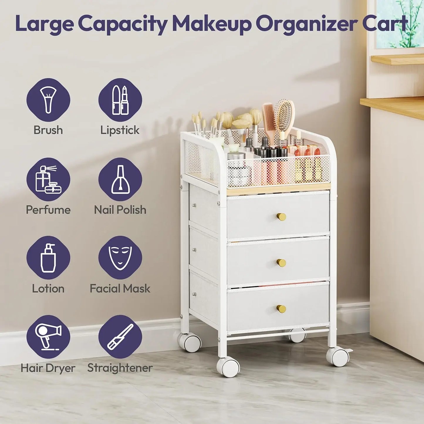 Rolling Makeup Organizer Cart with 3 Drawers and Lockable Wheels for Skincare, Cosmetics, and Hair Tools