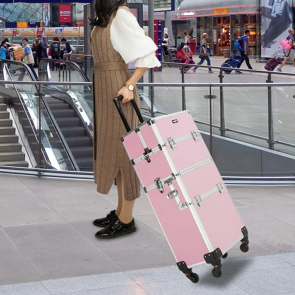 2-in-1 Rolling Makeup Train Case with Removable Wheels, Lockable Beauty Storage Luggage in Pink