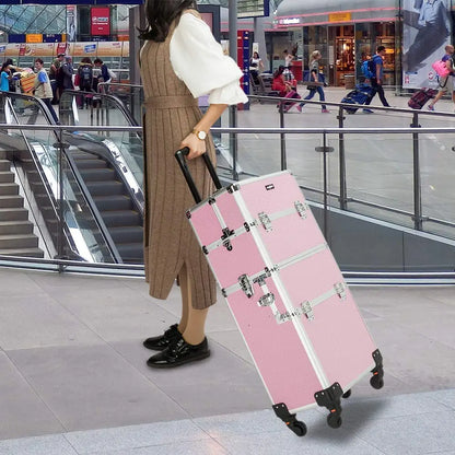 2-in-1 Rolling Makeup Train Case with Removable Wheels, Lockable Beauty Storage Luggage in Pink