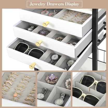 Large Jewelry Organizer Stand with 3 Drawers, Rolling Armoire Tower for Necklace, Earring, Bracelet & Ring Storage in Black