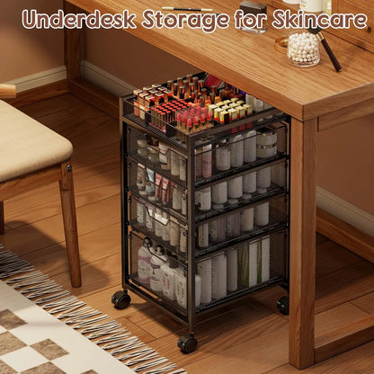 5-Tier Rolling Makeup Cart with 4 Drawers, Adjustable Dividers, Lockable Wheels for Cosmetics Storage
