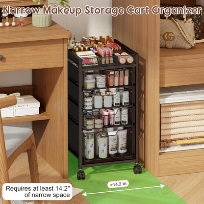 5-Tier Rolling Makeup Cart with 4 Drawers, Adjustable Dividers, Lockable Wheels for Cosmetics Storage