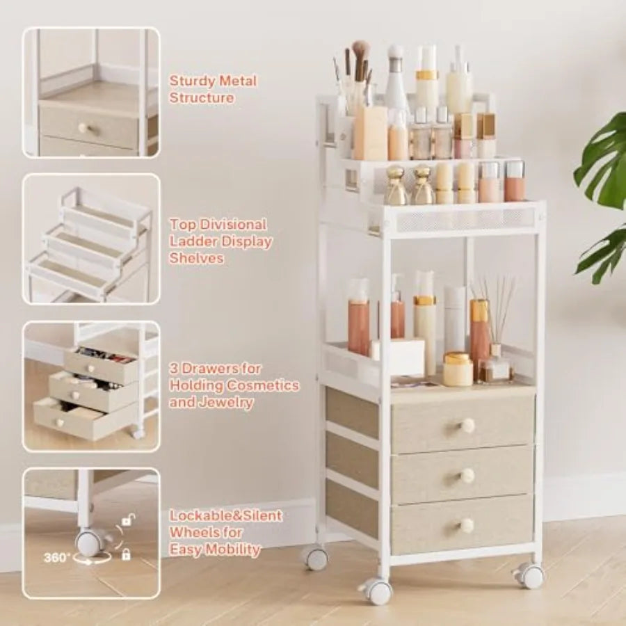 Makeup Organizer Storage Cart with Drawers 13 Inch Large Rolling Skincare Organizer Cart 3-Tier Vanity Organizer Stand for Cosm