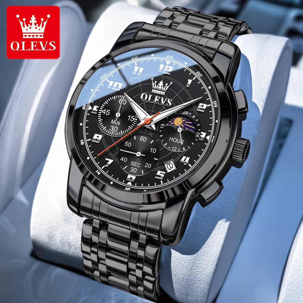 OLEVS 2983 New Quartz Men's Wristwatches Digital Intelligent Style Literal Steel Strap Waterproof Moon Phase Chronograph Watch