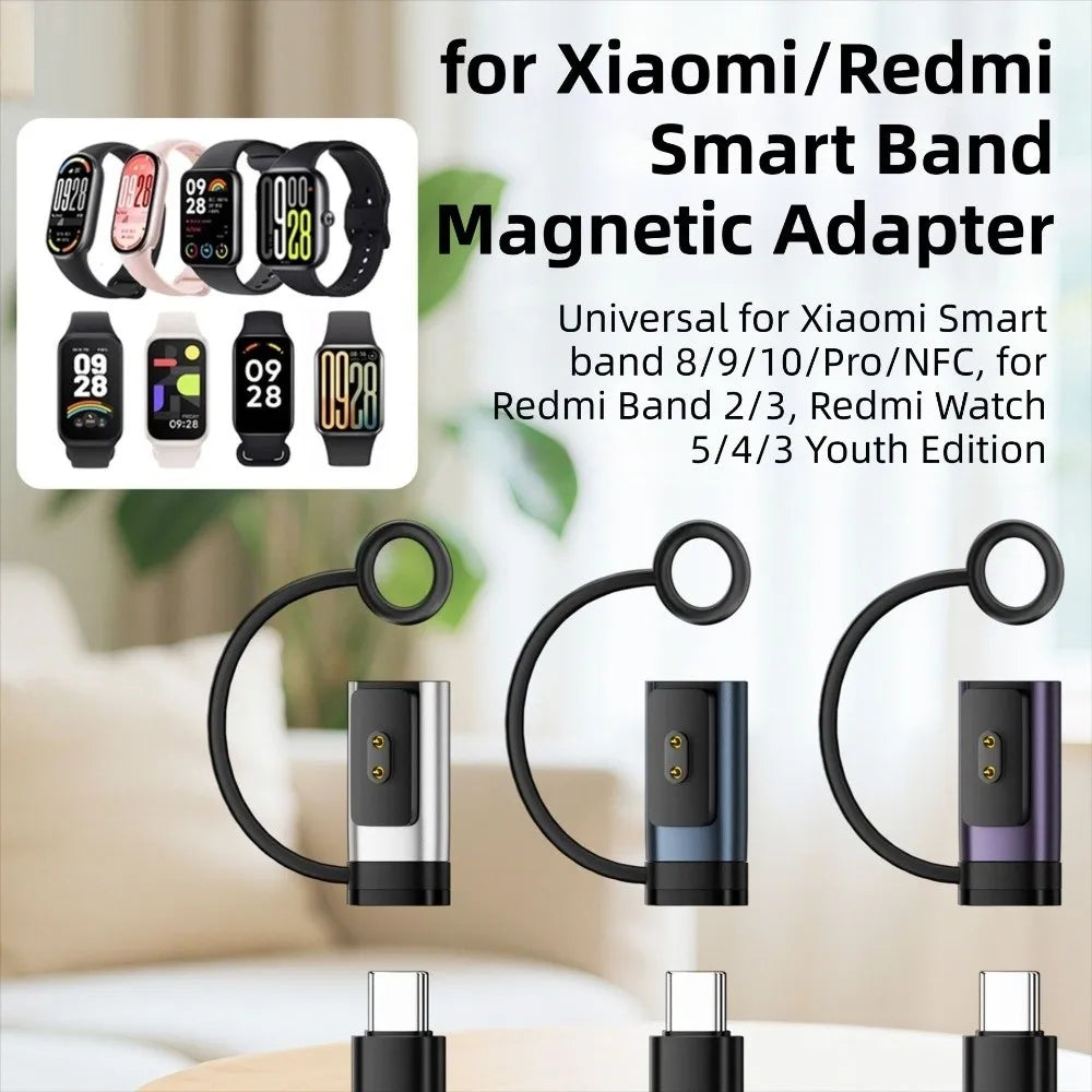 LED Indicator Magnetic Charger Converter Type-C Female to 2pin Converter for Xiaomi Smart Band 8/9/10/Pro/NFC Redmi Watch 5/4/3