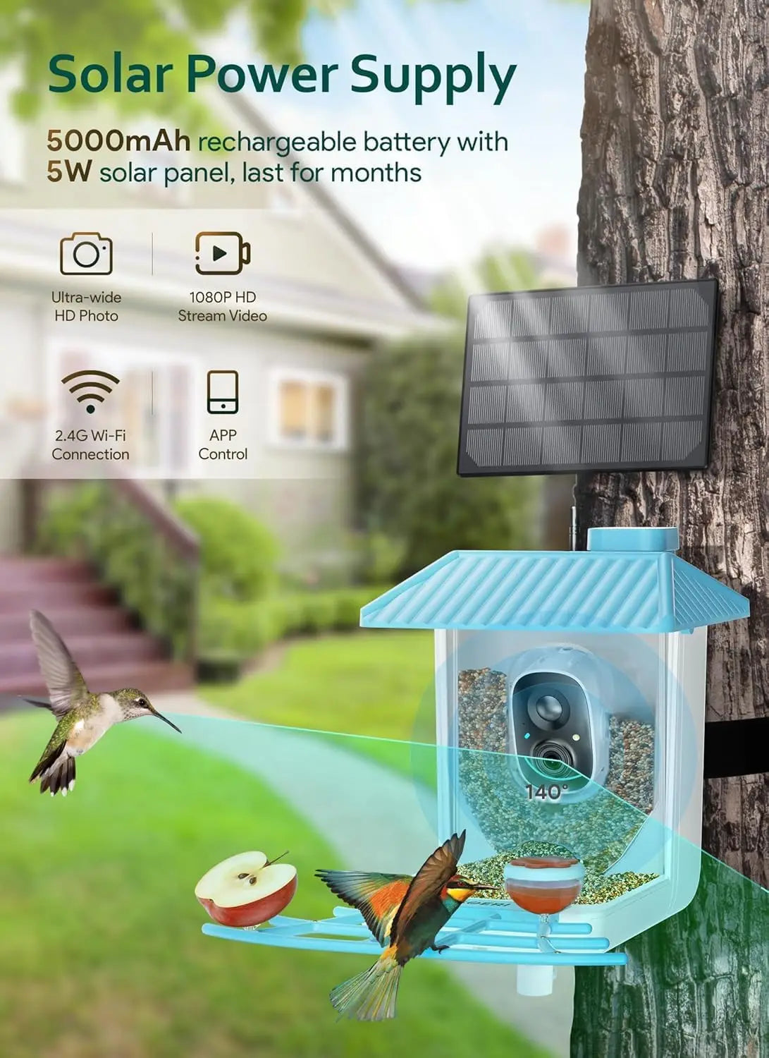 Smart Solar Bird Feeder with AI Camera, 1080P HD Auto Capture, Real-Time Alerts, WiFi Connected - Perfect Gift