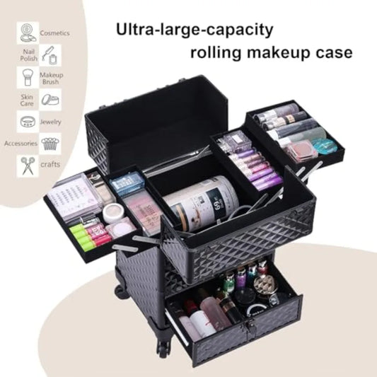 Rolling Makeup Train Case 360 Rotating Wheel Aluminum Cosmetic Case with Trolley 4-Tray for Tattoo/Barber/Nail Tech Travel Cart