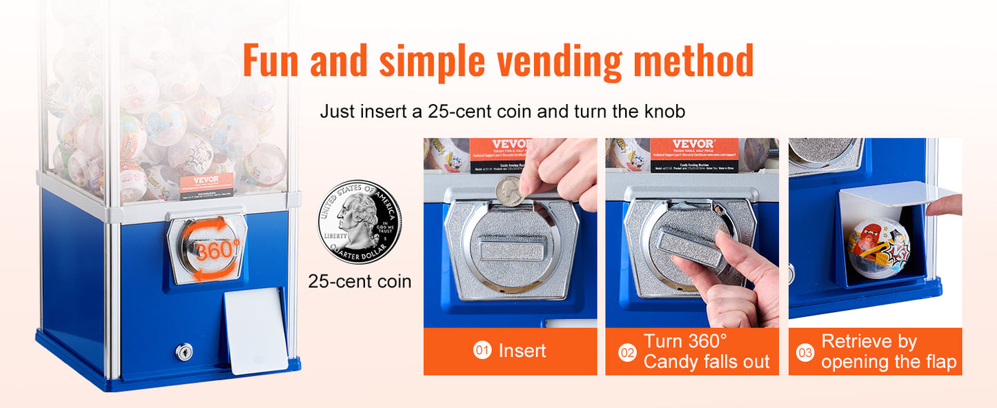VEVOR 25inch Gumball Machine for Kids PS 230 Capsule Toys Rectangle Blue For Game Stores Coin Operated Gumball Bank