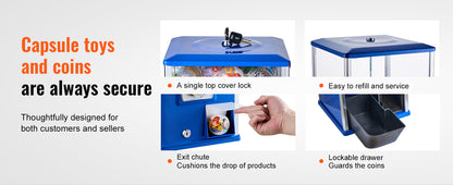 VEVOR 25inch Gumball Machine for Kids PS 230 Capsule Toys Rectangle Blue For Game Stores Coin Operated Gumball Bank