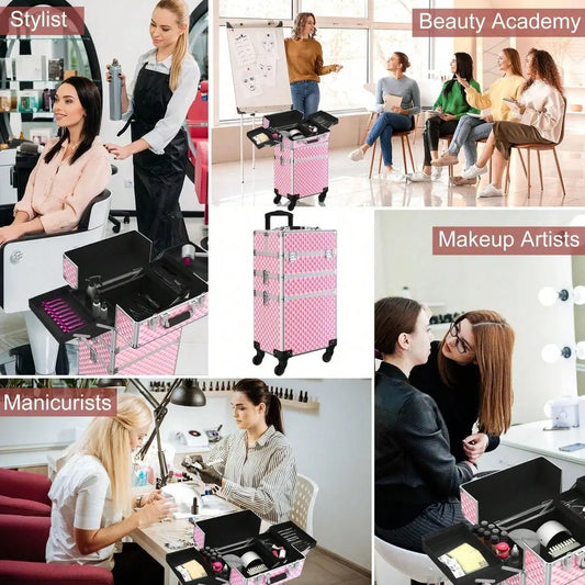 Makeup Train Case 3 In1 Cosmetic Trolley Organizer Travel Case Lockable Salon Barber Case Traveling Cart Trunk With Detachable R