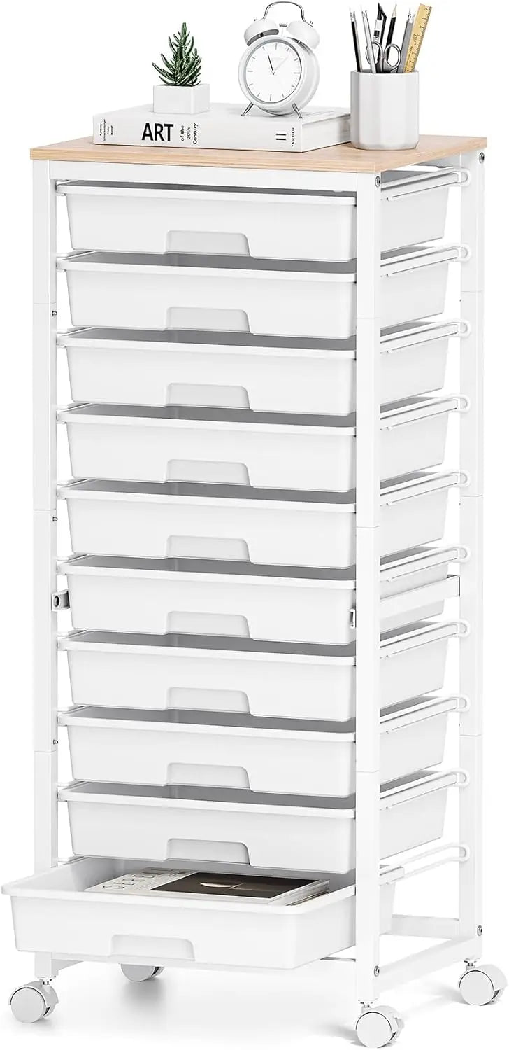 10-Drawer Rolling Cart with Wheels and Wooden Tabletop, White Utility Storage Cart for Classroom or Craft Use