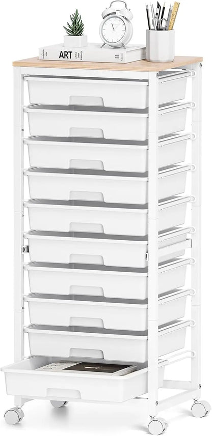 10-Drawer Rolling Cart with Wheels and Wooden Tabletop, White Utility Storage Cart for Classroom or Craft Use