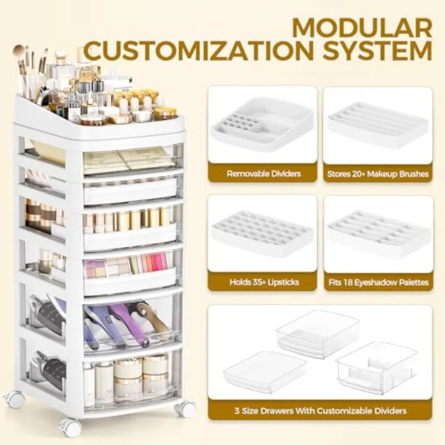 Rolling Cart with 6 Drawers Clear Plastic Drawer Organizers Dust Proof Under Desk Storage for Makeup Skincare Art Crafts and Ba