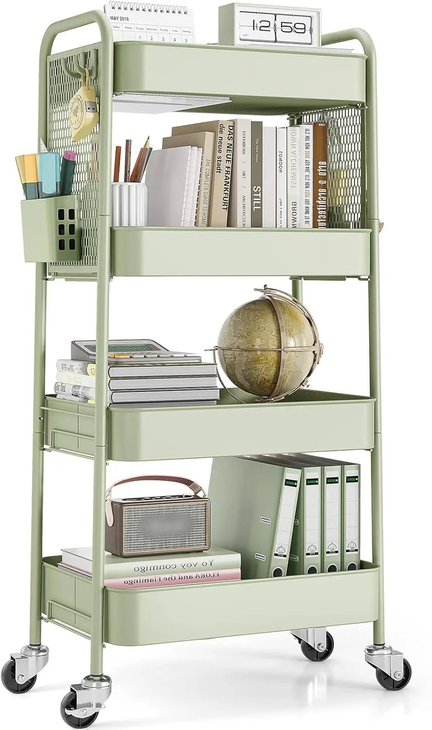 4-Tier Rolling Cart with Pegboard, Metal Storage Organizer with Wheels, Hooks & Bins for Bathroom, Kitchen, Office