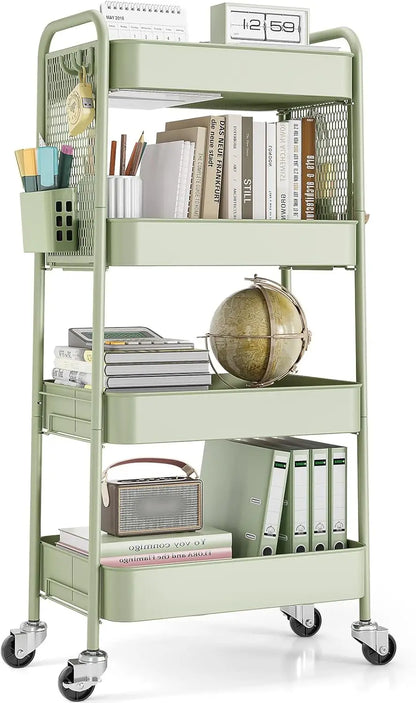 4-Tier Rolling Cart with Pegboard, Metal Storage Organizer with Wheels, Hooks & Bins for Bathroom, Kitchen, Office