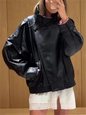 TFMLN Chic Black Faux Leather Jackets Women Long Sleeve Buttons Elastic Oversized Coats Fashion 2025 Autumn Winter Streetwear