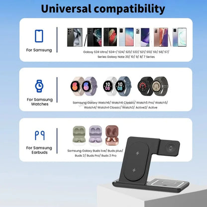 3 in 1 Foldable Wireless Charger Desk Stand For Samsung S24 S23 Galaxy Watch 2-8 Active 1 2 Buds Pro LED Fast Charging Station