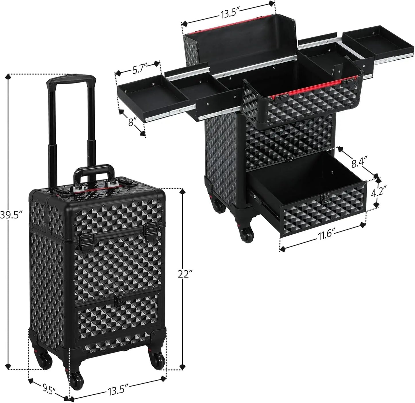 Rolling Makeup Train Case with Wheels, Lockable Travel Trolley, Sliding Drawers, Removable Divider in Black/Red