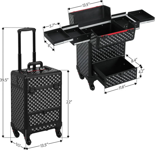Rolling Makeup Train Case with Wheels, Lockable Travel Trolley, Sliding Drawers, Removable Divider in Black/Red