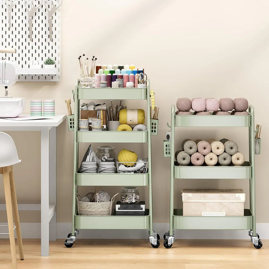 4-Tier Rolling Cart with Pegboard, Metal Storage Organizer with Wheels, Hooks & Bins for Bathroom, Kitchen, Office