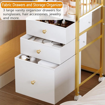 Makeup Cart Organizer with Mirror, Large Rolling Vanity Cart for Cosmetics, Skin Care, Perfume, Nail Polish Storage, Gold