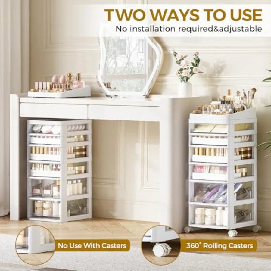 Rolling Cart with 6 Drawers Clear Plastic Drawer Organizers Dust Proof Under Desk Storage for Makeup Skincare Art Crafts and Ba