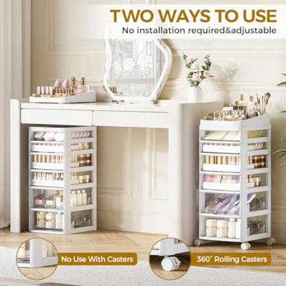Rolling Cart with 6 Drawers Clear Plastic Drawer Organizers Dust Proof Under Desk Storage for Makeup Skincare Art Crafts and Ba
