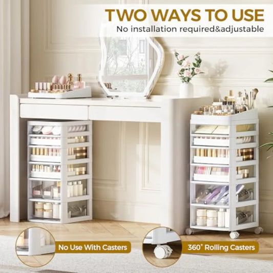 Rolling Cart with 6 Drawers Clear Plastic Drawer Organizers Dust Proof Under Desk Storage for Makeup Skincare Art Crafts and Ba