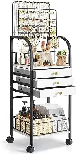 Large Jewelry Organizer Stand with 3 Drawers, Rolling Armoire Tower for Necklace, Earring, Bracelet & Ring Storage in Black