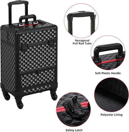 Rolling Makeup Train Case with Wheels, Lockable Travel Trolley, Sliding Drawers, Removable Divider in Black/Red