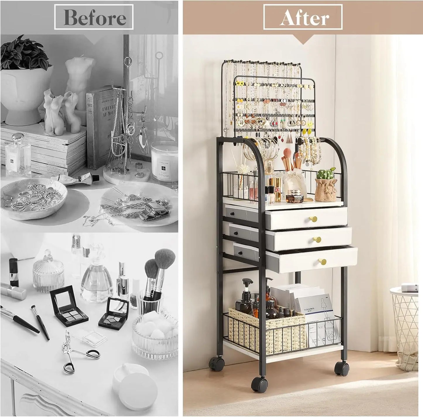 Large Jewelry Organizer Stand with 3 Drawers, Rolling Armoire Tower for Necklace, Earring, Bracelet & Ring Storage in Black