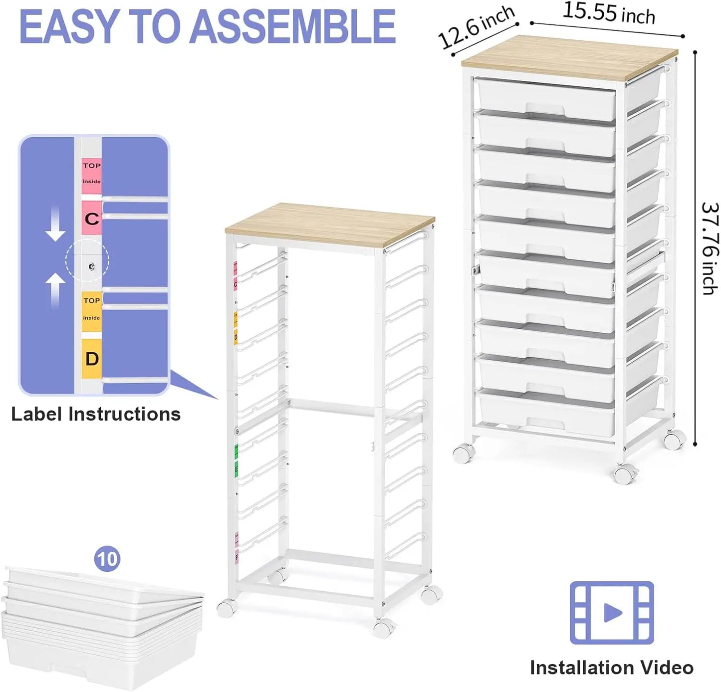 10-Drawer Rolling Cart with Wheels and Wooden Tabletop, White Utility Storage Cart for Classroom or Craft Use