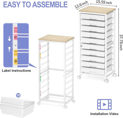 10-Drawer Rolling Cart with Wheels and Wooden Tabletop, White Utility Storage Cart for Classroom or Craft Use